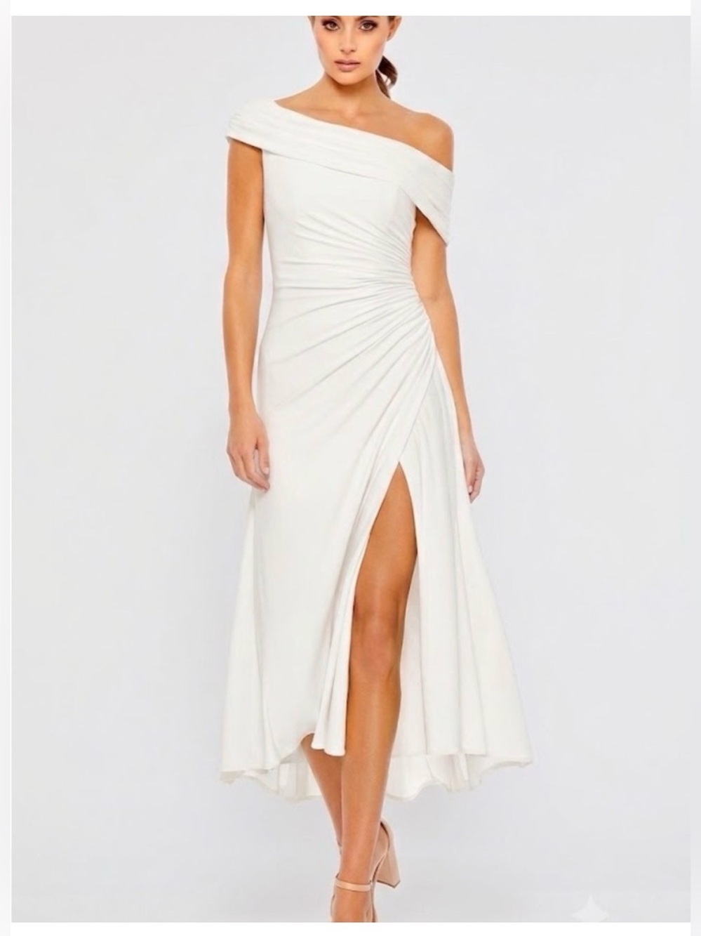 New IEENA For Mac Duggal Women One-Shoulder Ivory Midi Dress Side Slit Size 6